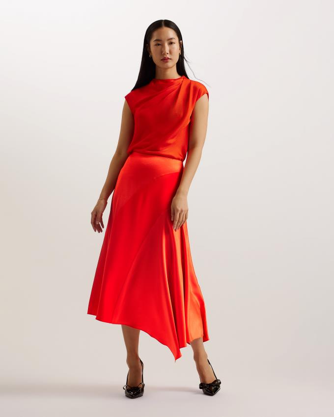 Jupe Ted Baker Asymmetric Satin Midi Rouge Femme | LNJ-77569672